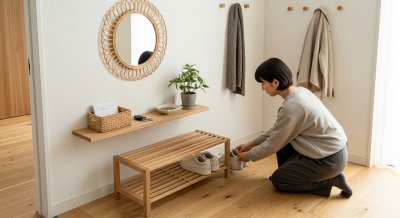 【自然素材リノベ・北欧スタイル玄関収納】見せる収納と隠す収納のバランスとポイント | 中古住宅×リノベーション